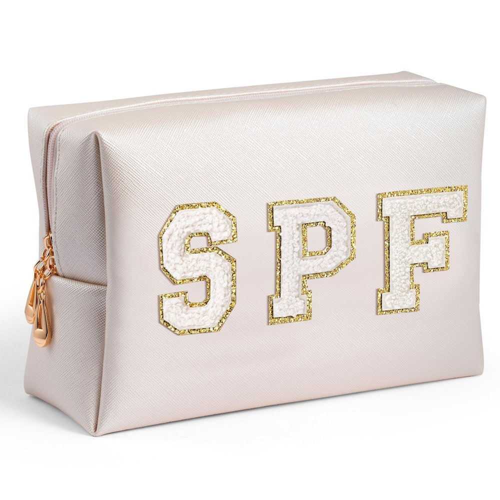 AsodSway Preppy Patch Cosmetic Bag - Christmas Gift White SPF Chenille Letter Makeup Bag, PU leather Travel Toiletry Kit Portable Waterproof Make Up Pouch Zipper Clutch, Gifts for Women Girls