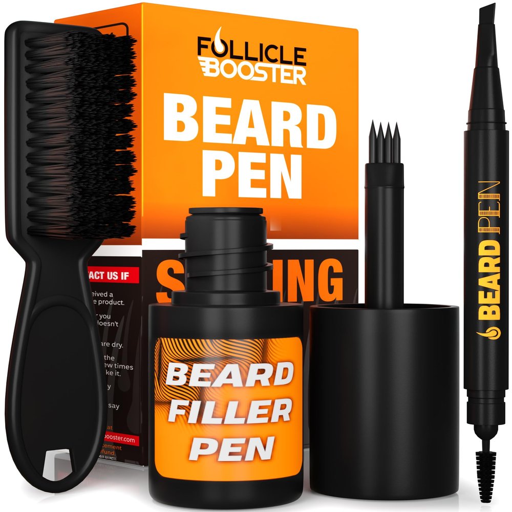 FOLLICLE BOOSTER Beard Pen Filler Styling Kit for Men - 3-in-1 Filling Set with 4-Tip Fork, Normal Pencil, and Brush - Waterproof, Sweatproof & All-Day Hold - Brown