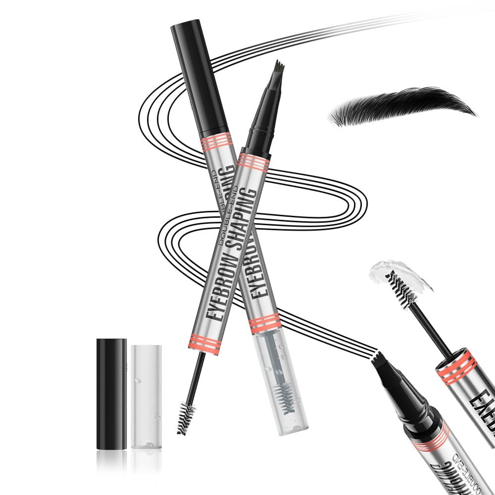 Aaiffey 2-in-1 Magic Eyebrow Pencil,Microblading 4-Fork Tip Liquid Eyebrow Pen with Eyebrow Brush Gel Waterproof Eyebrow Pencil Create Natural Hair-Like Brows Long-Lasting (04# Black)
