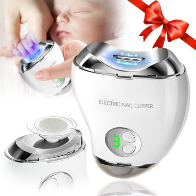 Automatic Electric Nail Clipper with LED Light & Nail File, 3 Speeds LCD Digital Display, Nail Clip Storage, USB Rechargeable Safety Fingernail Trimmer for Baby, Kids, Seniors, Caregivers (White)