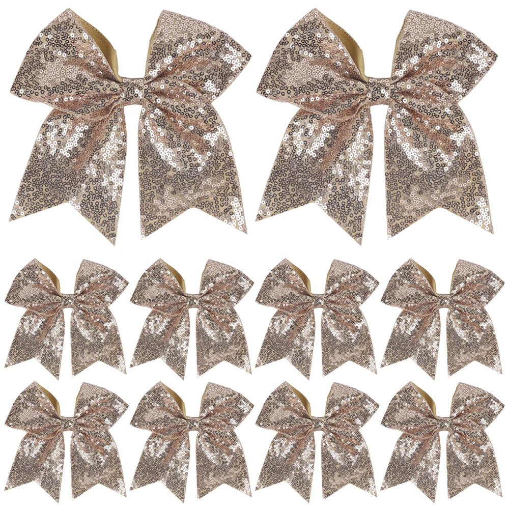 10pcs 7inch Gold Jumbo Hair Clip for Girls - Glitter Cheer Bow Barrettes Sequin Ponytail Duck Clip for Women Teen Cheerleader Costume Accessories (Light Brown x 10)