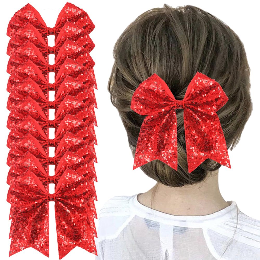 10pcs 7inch Red Jumbo Hair Clip for Girls - Glitter Cheer Bow Barrettes Sequin Ponytail Duck Hair Clip for Women Teen Cheerleader Costume Accessories