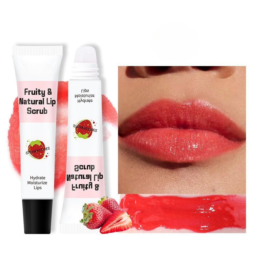 Lip Scrub Gentle Exfoliator, Hydrating Scrub for Lip Prep, Moisturizing Lip Care Organic Fruit Lip Scrub Balm For Lightening & Brightening Dark Lips Overnight Hydration & Moisturizer (Strawberry)