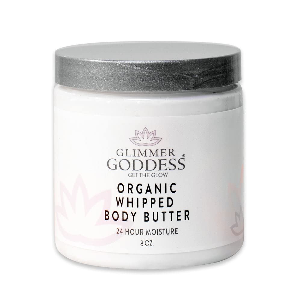 GLIMMER GODDESS Organic Whipped Body Butter for Women - Moisturizer Cream with Shea & Cocoa Butter, Almonds & Coconut Oil - Evening Snow, 8oz