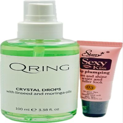 Maxima Cosmetics Inc. Qring Crystal Drops with Linseed and Moringa oils 100ml/3.38 fl oz - Free Starry Lip Plumping Gloss 10ml