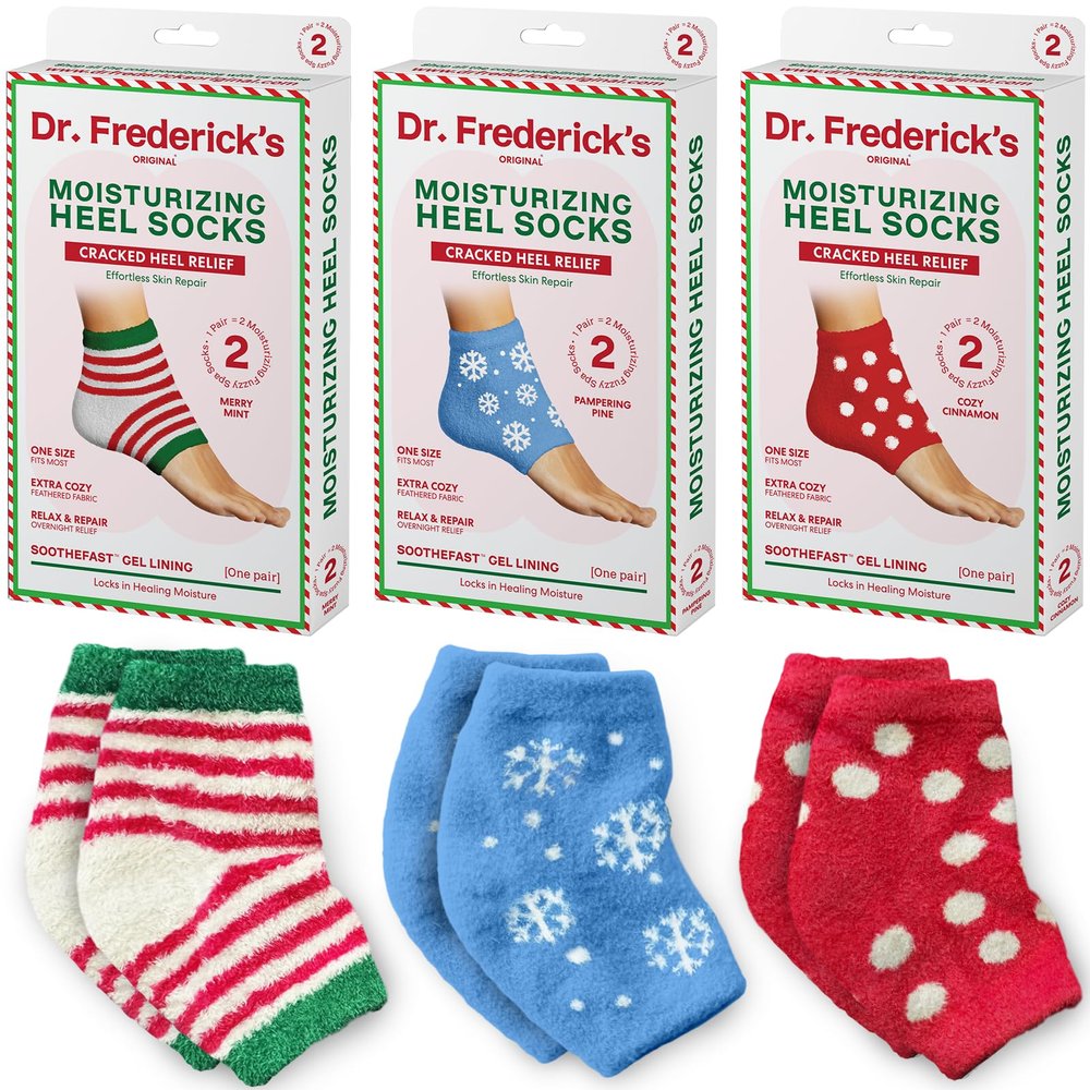 Dr. Frederick's Original Moisturizing Fuzzy Heel Socks - 3 Pairs - Cozy Gel-Lined Sleep Socks for Women & Men - Soothing Dry, Cracked Feet - Cracked Heel Repair (Holiday Special Edition)