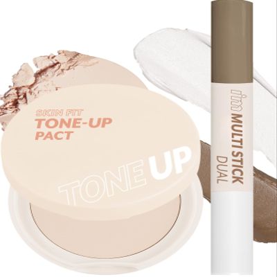 I'M MEME Skin Fit Tone Up Pact, 0.35 Oz + I'm Multi Stick Dual 002 Cool Contouring Bundle