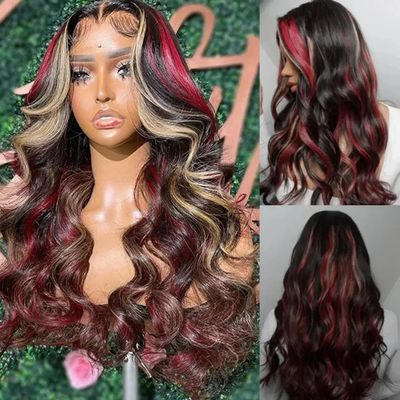 Ombre #1b/99J Highlight Body Wave 13x4 SilkTop Lace Frontal Human Hair Wigs Honey Blonde Colored Brazilian Silk Base Human Hair Wig For Women (13x4PU SilkTopFrontal 150 Density, 10)