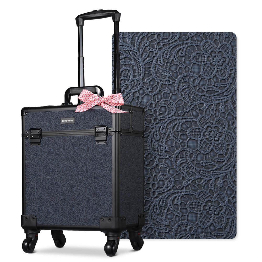 BYOOTIQUE Professional Makeup Train Case Organizer on Wheels Cosmetology Rolling Travel Storage Nail Tech Cart Hairdressing Brush Bags Tattoo Box for Beauty Salon,Rococo Midnight