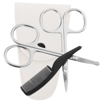 TOVINANNA 8pcs Stainless Steel Beard Scissors Grooming Kit Pointed Scissors White Leather Case and Small Comb for Nose Hair Trimming and Beard Styling