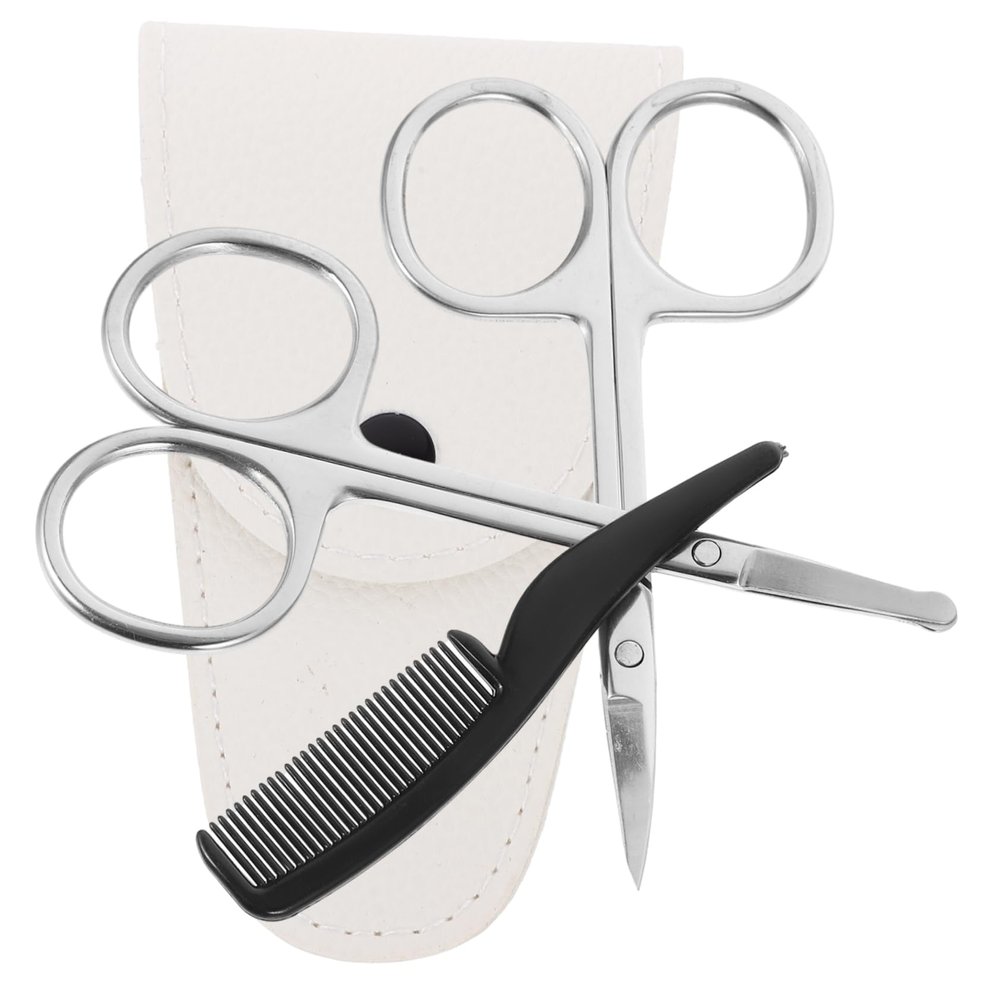TOVINANNA 8pcs Stainless Steel Beard Scissors Grooming Kit Pointed Scissors White Leather Case and Small Comb for Nose Hair Trimming and Beard Styling