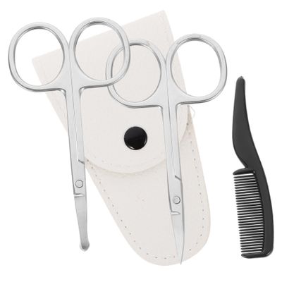 TOVINANNA 4pcs Stainless Steel Beard Scissors Trimming Scissors for Beard Grooming Includes Pointed Round White Leather Case Small Comb for Home and Salon Use