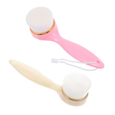 Baluue 2pcs Long Handle Facial Cleaning Brush for Deep Cleansing Gentle Exfoliation and Comfortable Skin Care Soft Bristle Face Scrubber Beige and Pink for All Skin Types