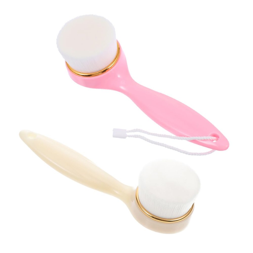 Baluue 2pcs Long Handle Facial Cleaning Brush for Deep Cleansing Gentle Exfoliation and Comfortable Skin Care Soft Bristle Face Scrubber Beige and Pink for All Skin Types