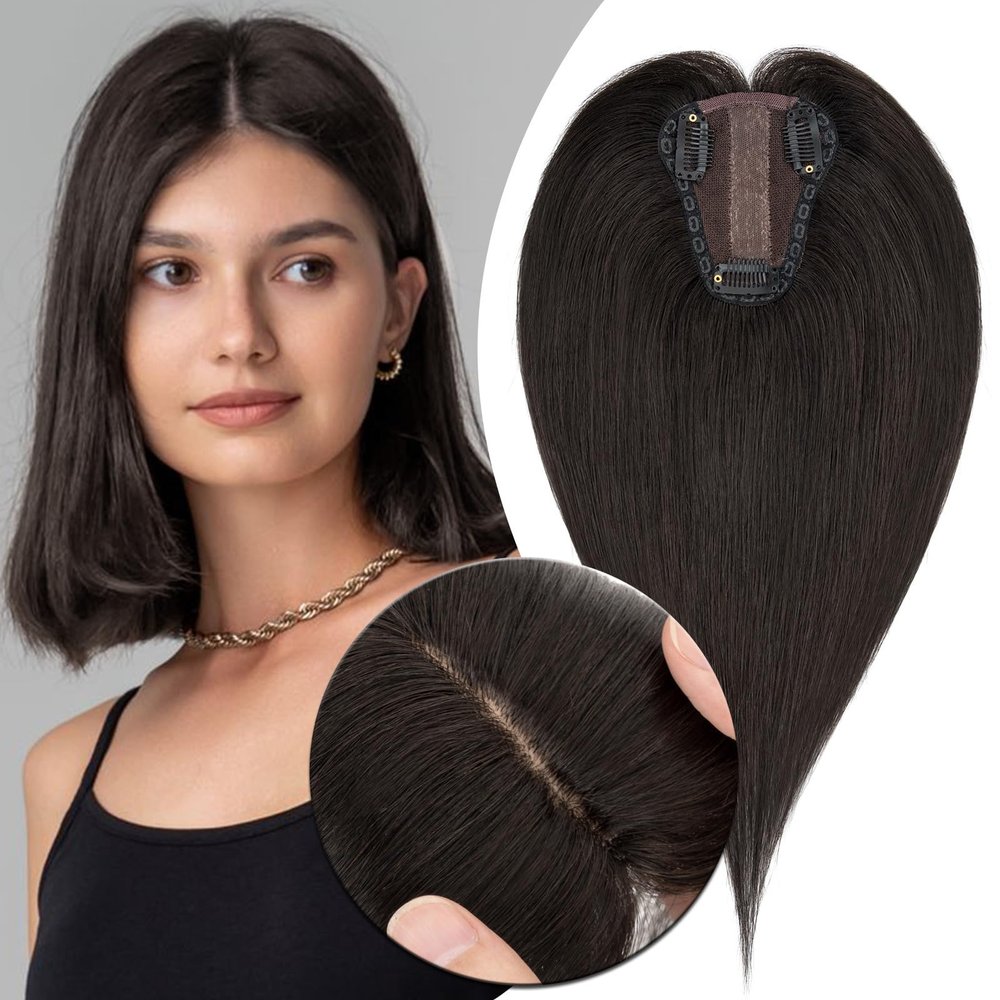 MY-LADY Human Hair Toppers for Women Real Human Hair Pieces Thin 8 * 10CM Silk Base with Lace Clip in Remy Hairpieces Hand-Tied Light Weight 8 Inch Natural Black