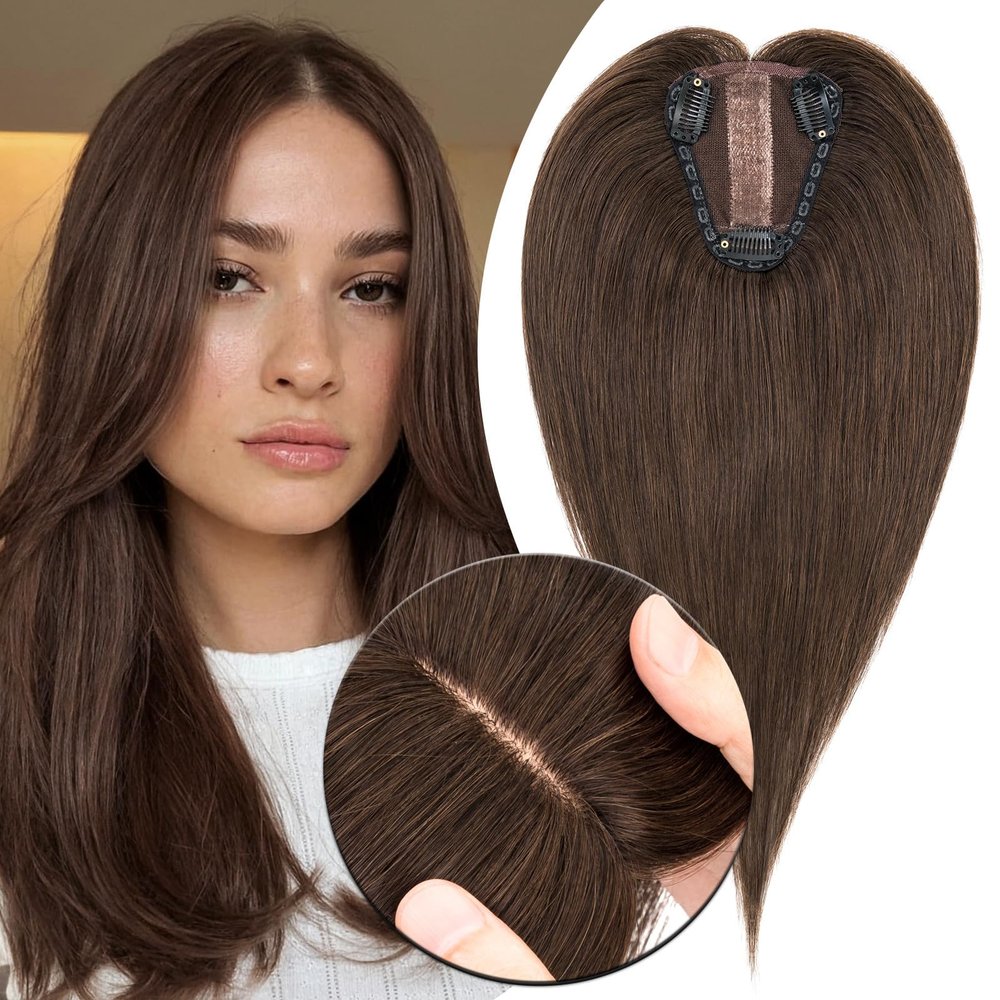 MY-LADY Human Hair Toppers for Women Real Human Hair Pieces Thin 8 * 10CM Silk Base with Lace Clip in Remy Hairpieces Hand-Tied Light Weight 14 Inch Dark Brown
