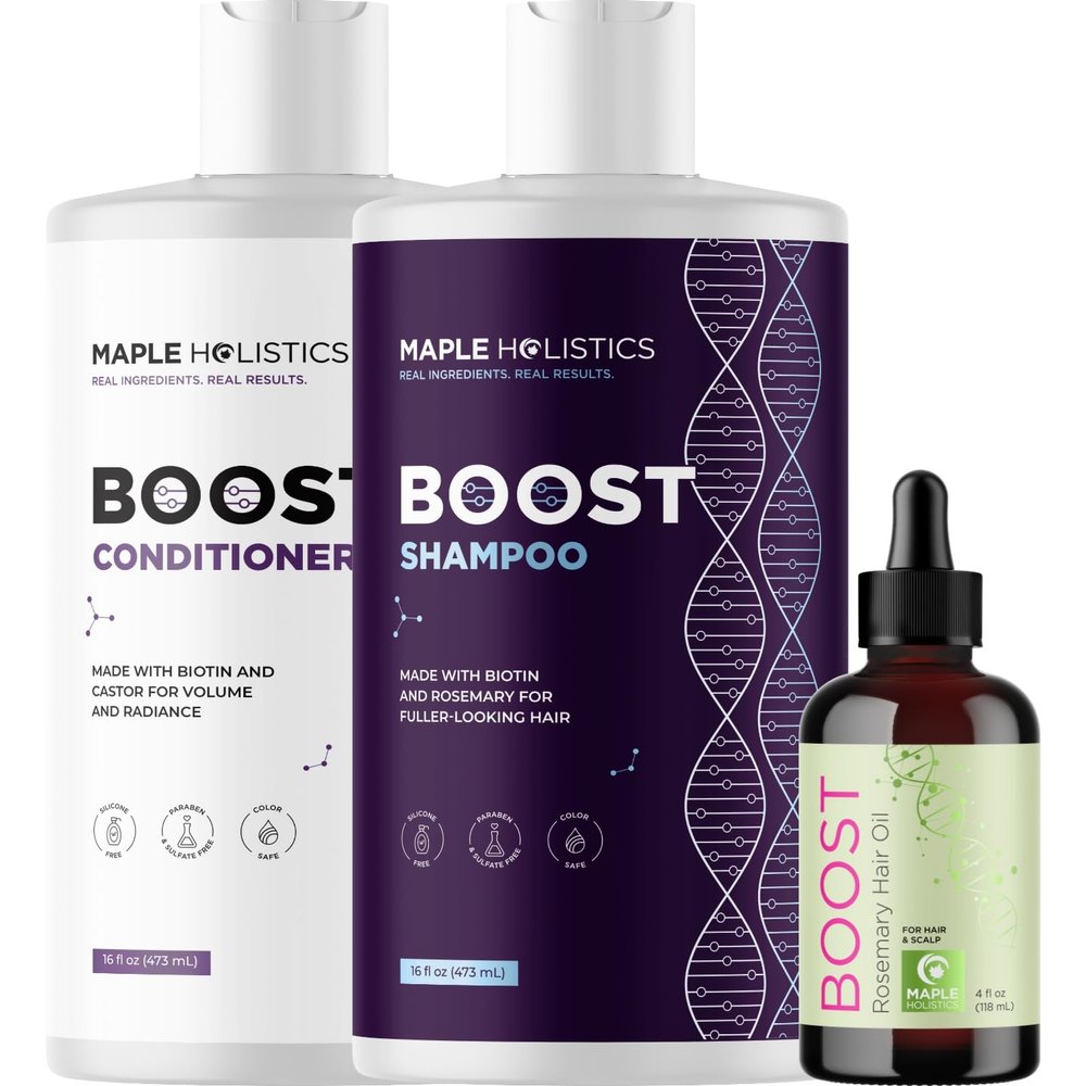 BOOST Biotin Hair Oil plus Advanced Biotin Shampoo and Conditioner Set - Hair Thickening Oil with Castor and Rosemary plus Volumizing Biotin Shampoo for Men and Women Bundle