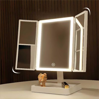7"11" Vanity Mirror Portable Lighted Beauty Mirror 3 Color Lighting Dimmable Touch Screen Tabletop LED Folding Cosmetic Vanity Mirror for Makeup Desk Dressing Room