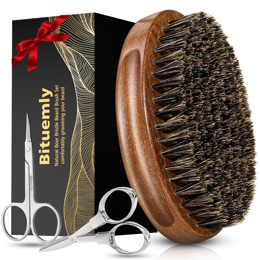 Bituemly Beard Brush, Stocking Stuffers Boar Bristle Beard Brush for Men and Mustache Scissors Facial Hair Grooming Kit, Detangles Boars Hair Styling Beard Tool, Christmas Gift for Boyfriend Husband