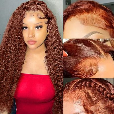 250 Density Reddish Brown HD Lace Front Wigs Human Hair Bleached Knots 28 inch Auburn Red Deep Wave Transparent Lace Frontal Wig 13x4 Big Space Lace Ginger Red Colored Curly Wigs for Black Women