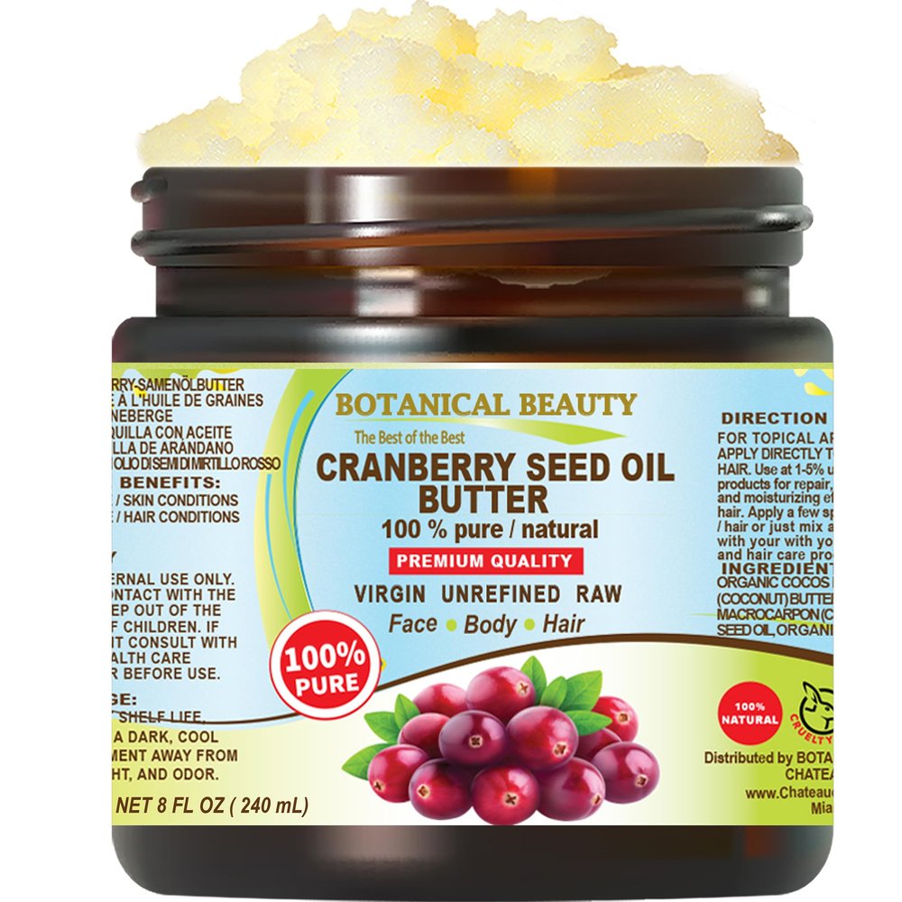 Botanical Beauty CRANBERRY SEED OIL BUTTER 100% Natural, Pure RAW VIRGIN UNREFINED Cold-Pressed for Face, Skin, Body, Hair, Lip, Nails. Rich in Vitamin C, Omega 3, Omega 6, omega-9 (8 Fl Oz)