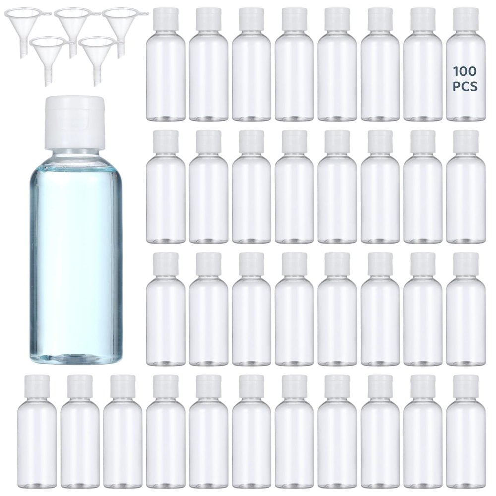 100 Pack 2 oz Plastic Empty Travel Bottles with Flip Cap 60ml Travel Size Containers Portable Leak Proof Clear Plastic Bottles Refillable Dispensing Bottles for Liquid Shampoo Lotion White