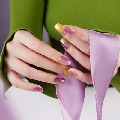 DANNI & TONI Semi Cured Gel Nail Strips Purple Green Yellow Ombre (Lavender Breeze) Magnetic Cat Eye Multicolored Gel Nail Wraps 28 Stickers