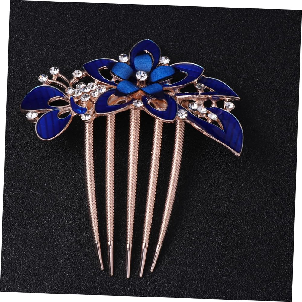 AUTSUPPL Delicate Flower Hair Comb with Rhinestones Elegant Dark Blue Wedding Headdress for Women Fashion Headwear Accessory for Special Events and Parties