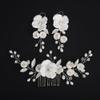 BERYUAN Wedding Pearls Flower Leaf Hair Side Comb White Flowers Pearls Bridal Headpiece Silver Wedding Hair Accoessires Flower Pearls Comb Earrings Set for Women Girls (silver) view 2