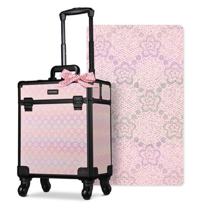 BYOOTIQUE Barber Case False Eyelash Storage Rolling Makeup Cart on Wheels Hairdressing Brush Bags Barber Suitcase for Wedding Beautician Manicurist Hairstylist,Blush ForgetMeNot