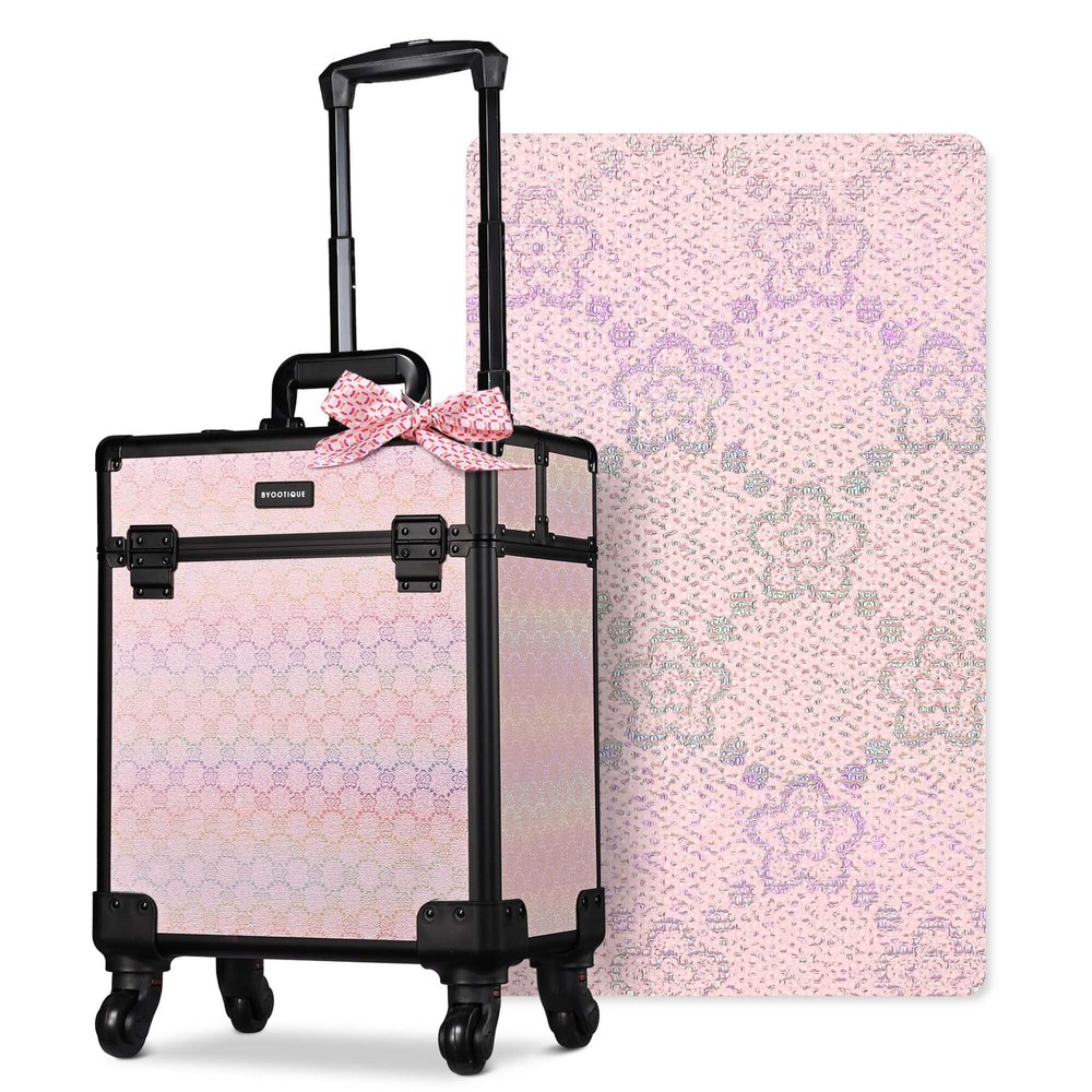 BYOOTIQUE Barber Case False Eyelash Storage Rolling Makeup Cart on Wheels Hairdressing Brush Bags Barber Suitcase for Wedding Beautician Manicurist Hairstylist,Blush ForgetMeNot