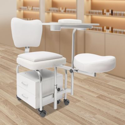 BAIODNB Manicure Pedicure Chair Nail Table, Rolling Salon Pedicure Station Unit Chair Adjustable Nail Desk Workstation, Professional Salon Trolley Beauty Spa Massage Stool with Drawers (White)