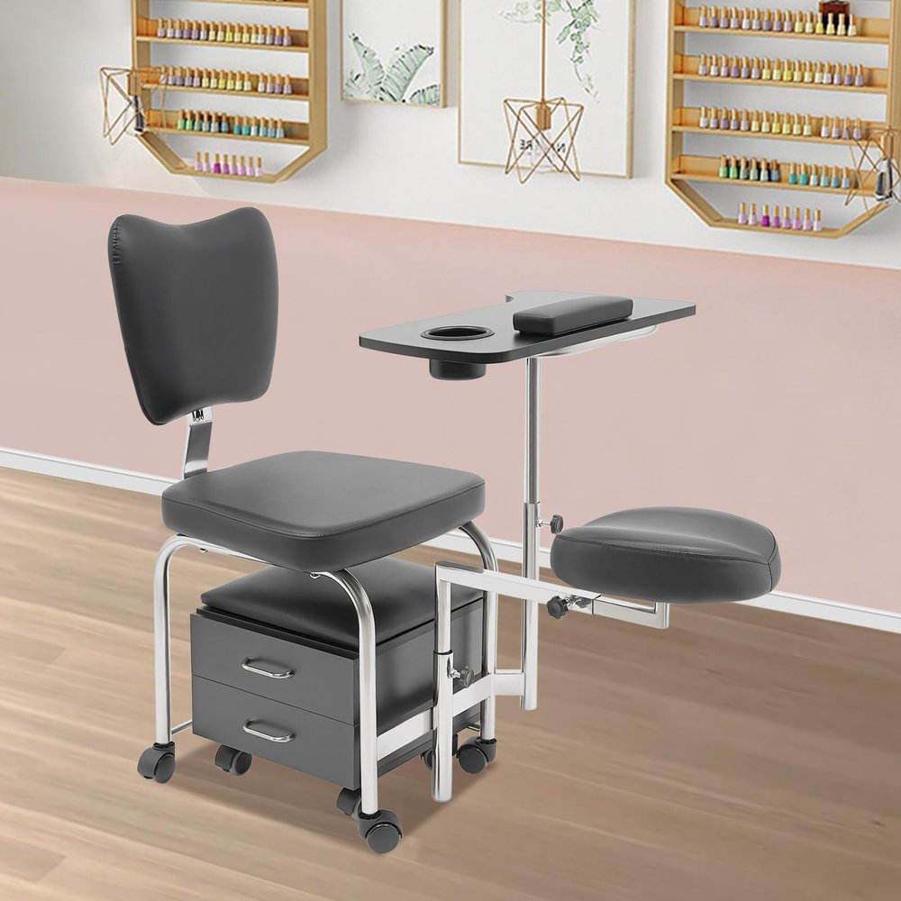 BAIODNB Manicure Pedicure Chair Nail Table, Rolling Salon Pedicure Station Unit Chair Adjustable Nail Desk Workstation, Professional Salon Trolley Beauty Spa Massage Stool with Drawers(Black)