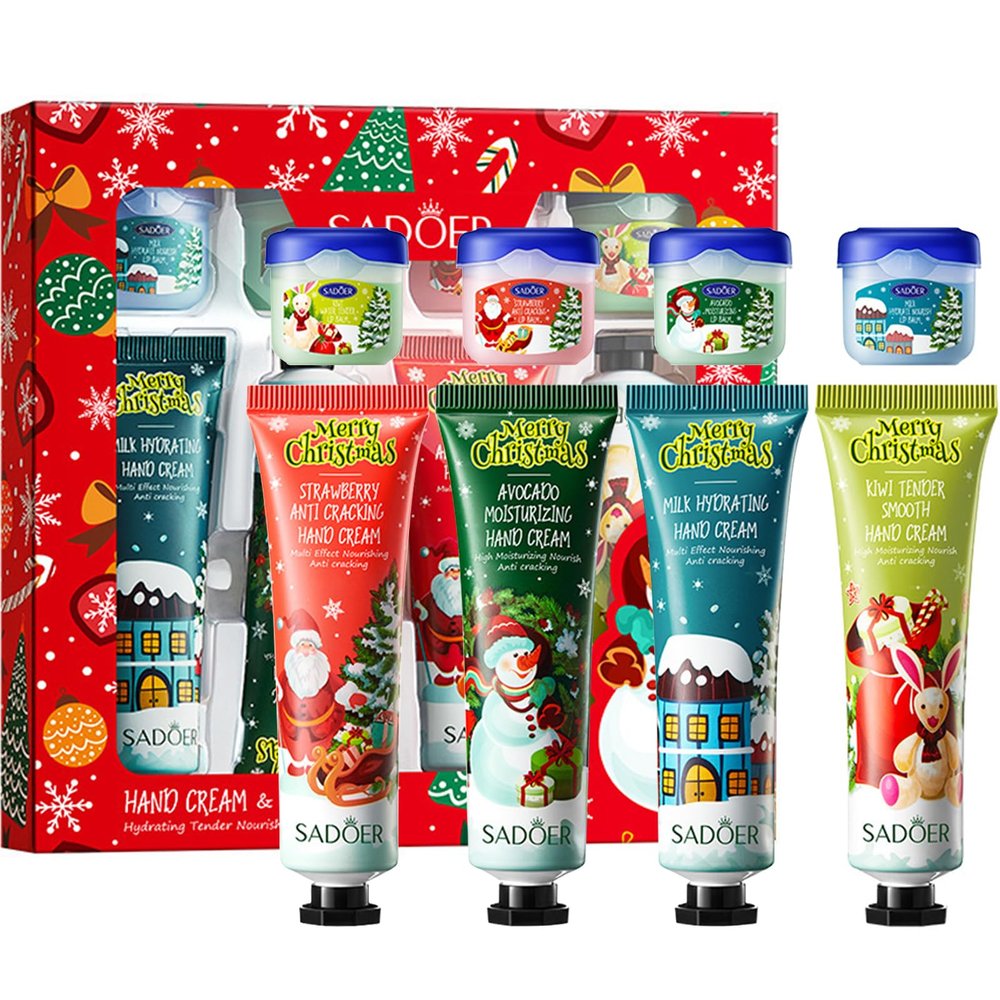 8Pcs Christmas Hand Cream Lip Balm Gift Set,Deep Moisturizing Lip Mask Hand Lotion Cream Travel SetDeep Moisture, Moisturize Lips, Lubricate Hands for Women Mom Girls