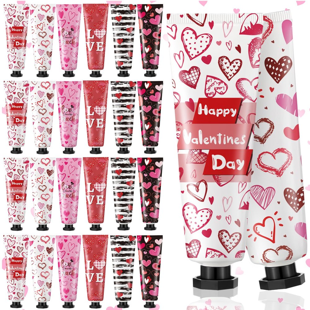 24 Pcs Valentine's Day Hand Cream Gift Bulk Valentine Gift Basket Stuffers Love Heart Moisturizing Galentine's Hand Lotion Bulk Small Dry Cracked Care Cream for Women Friends Seniors Clients, 30 ml