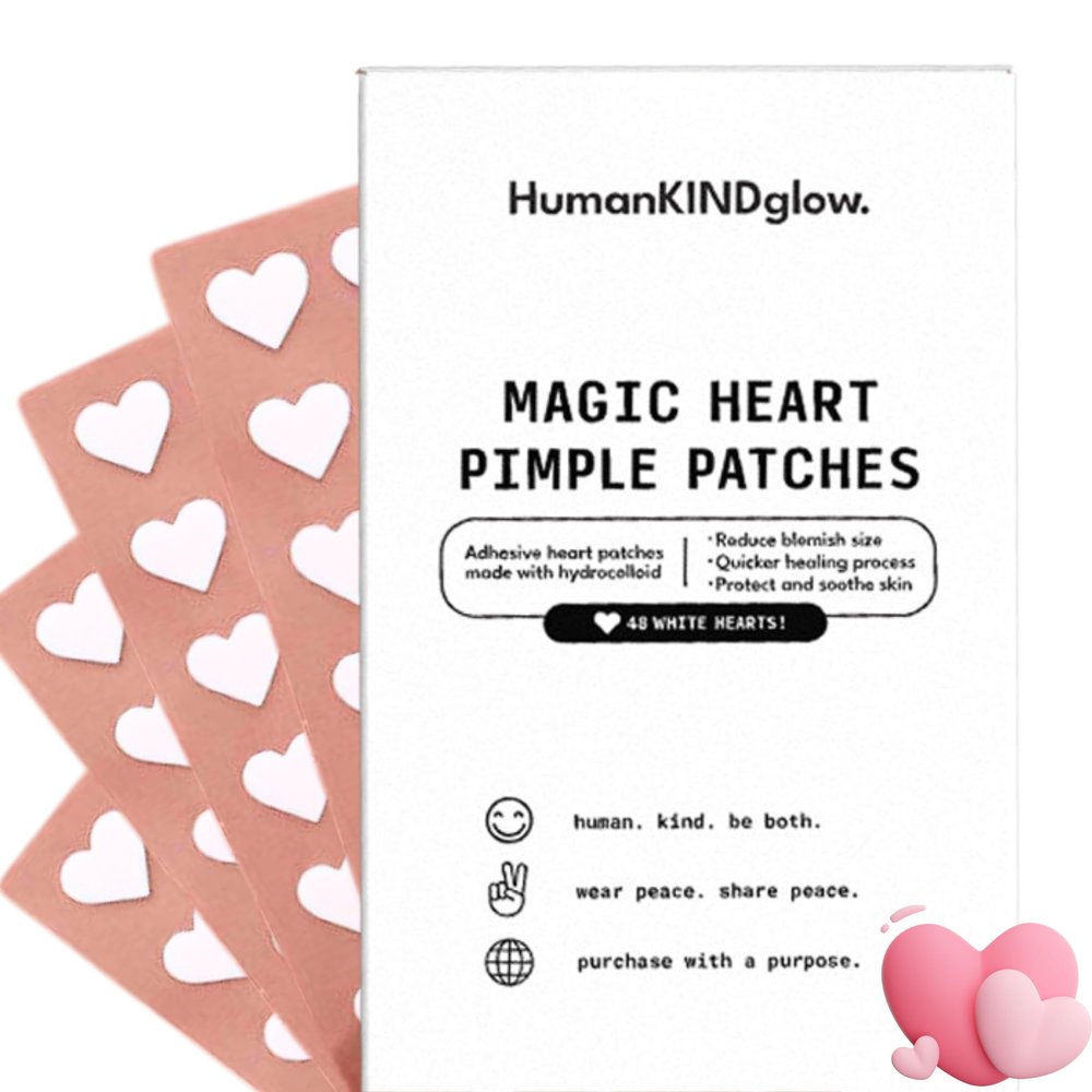 Heart Pimple Patches by HumanKINDglow  48 Hydrocolloid Acne Patches for Face | Gentle Spot Treatment for Pimples & Blemishes | Cute White Heart Design for Confident, Kind Skin