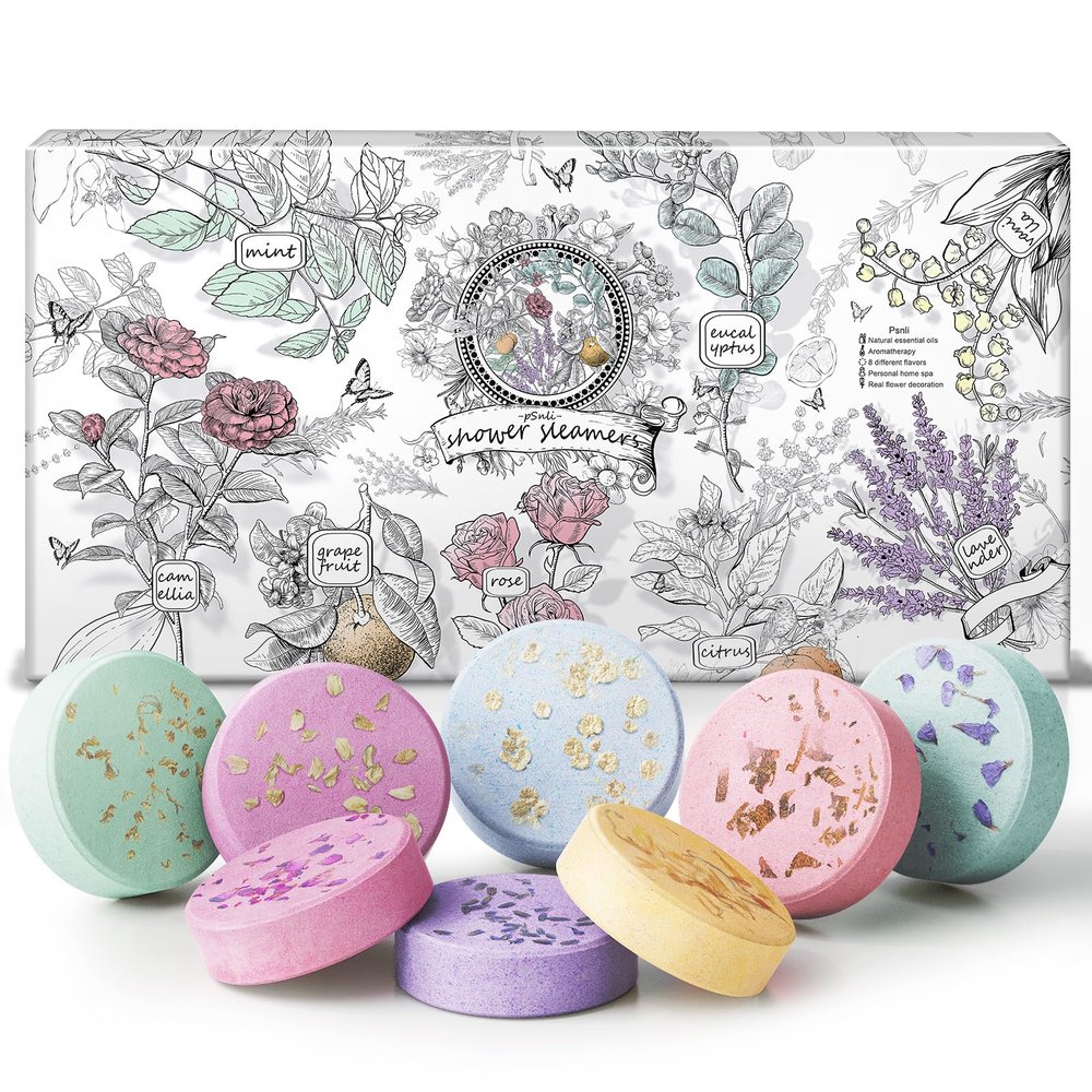 Psnli Shower Steamers Aromatherapy Stocking Stuffers 8 Scents, Christmas Gifts for Women Elegant Packaging Birthdays Gifts for Mom, Natural Essential Oil Home Spa Self Care & Relaxing Lavender