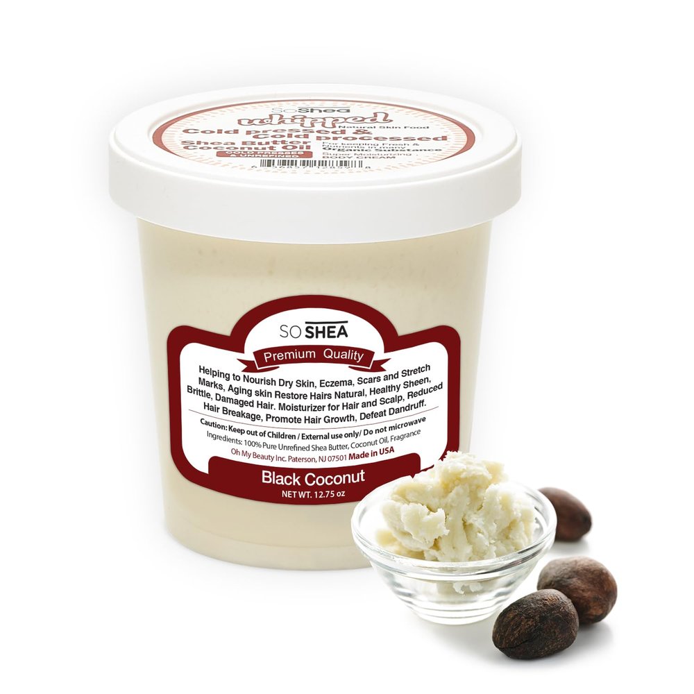 SoShea Whipped Shea Butter Black Coconut - Nourishes, Moisturizes & Renews | 100% African Pure Shea Butter | Cold-Pressed & Cold-Processed | No Dyes & Parabens | Vegan | 11.50oz / 326oz