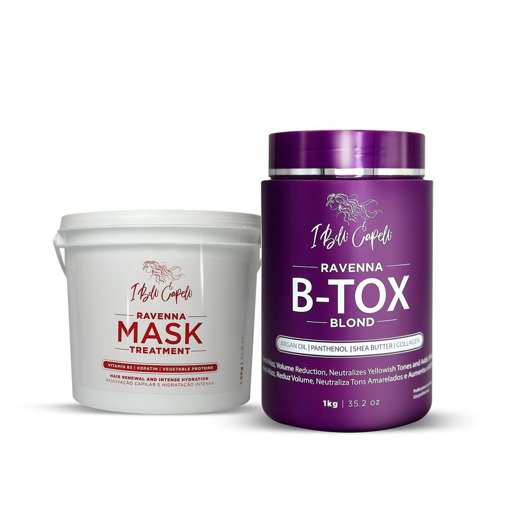 Ravenna B-tox Blond Kit - Hair B-tox Treatment (1 Kg/35.2 Fl Oz) Formaldehyde-Free + Hair Mask for Damaged Hair (1,5 Kg/ 52.9 fl oz) - Straightening, Intense Shine & Moisture for Blondes