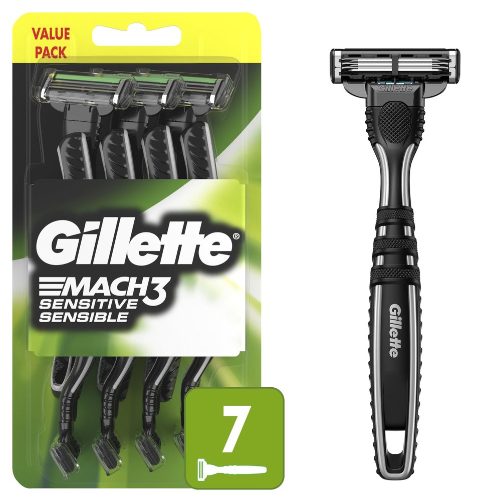 Gillette Mach3 Sensitive Razors for Men, Mens Disposable Razors, Pivoting Head for Close and Comfortable Shave, 7 Count