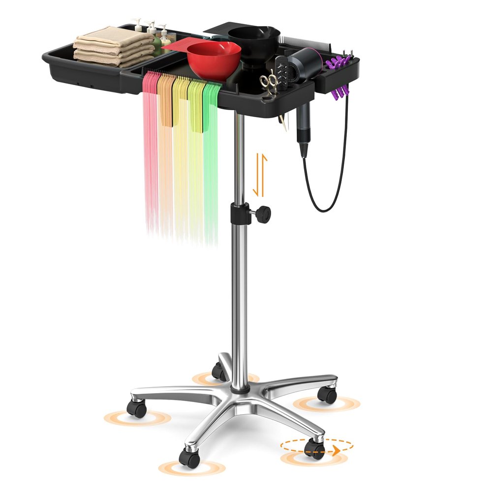 FreSup Foldable Rolling Salon Tray with Heat-Resistant Tool Holder - Portable Folding Hairstylist Cart on Wheels for Hair Stylists, Tattoo Artists (Silver Metal)