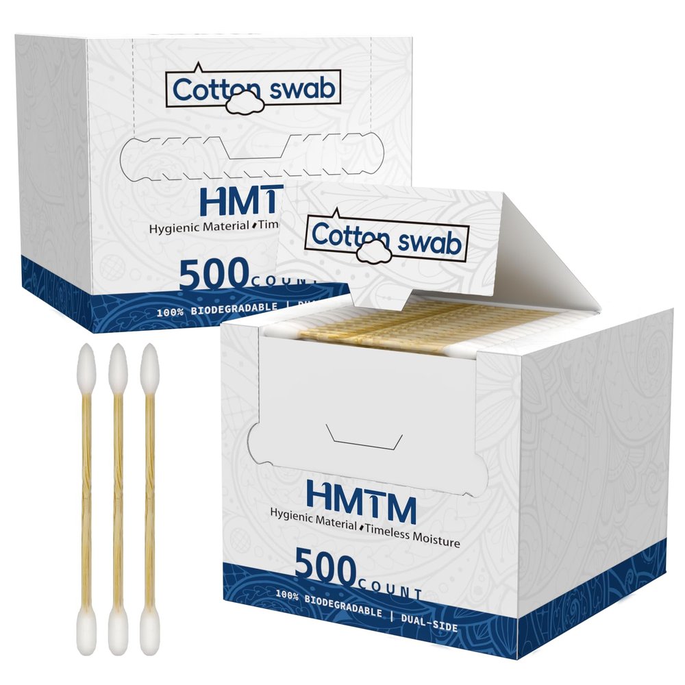 500 Count Cotton Swabs, Bamboo Cotton Swab for Eye Ears Oil Makeup, Lint Free Double Tipped Natural Cotton Buds, Cleaning with Wood Handle Remove Dust and Dirt, 500 Count Pack of 2)