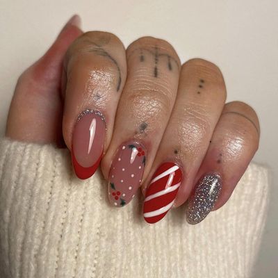 TENPAL Christmas Press on Nails Almond French Red Candy Striped Fake Nails with Glue Xmas Silver Glitter Wearable Artificial False Nails Oval Shaped New Year Stick on Nails for Women and Girls Gifts