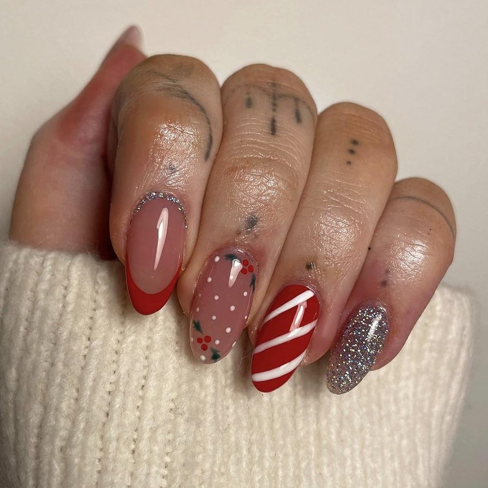 TENPAL Christmas Press on Nails Almond French Red Candy Striped Fake Nails with Glue Xmas Silver Glitter Wearable Artificial False Nails Oval Shaped New Year Stick on Nails for Women and Girls Gifts