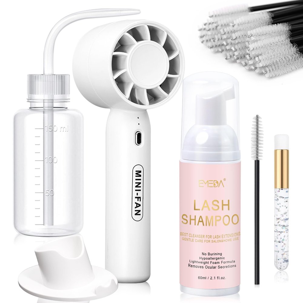 EMEDA Lash Shampoo Kit 2.02 fl oz Lash Cleaning Kit with Rechargeable Fan Dryer/Brush/Rinse Bottle, Oil-free Cleanser Wash for Extensions & Clusters & Natural Lashes, Cleaner for Eyelash Care(White)