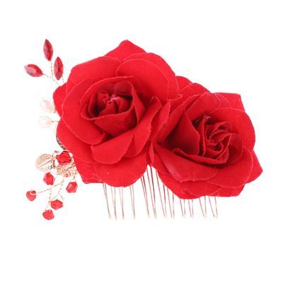 MERRYHAPY 2pcs Rose Flower Hair Side Comb Rhinestone Decor Elegant Hairpins for Weddings Parties and Special Occasions Beautiful Floral Hair Accessories Red