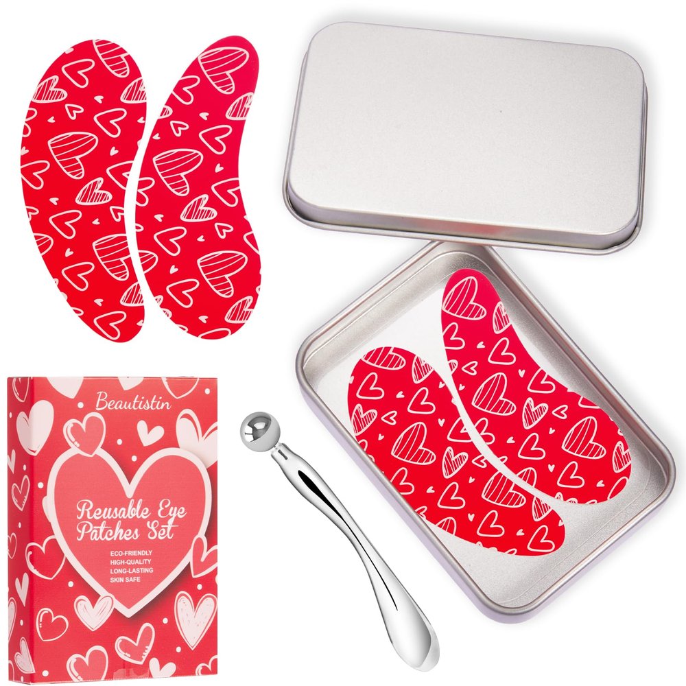Beautistin 2 Pairs Reusable Under Eye Wrinkle Patches Silicone Mask, Plump Fine Lines & Wrinkles, with Metal Eye Cream Applicator, Tin Case, Valentine's Day Red