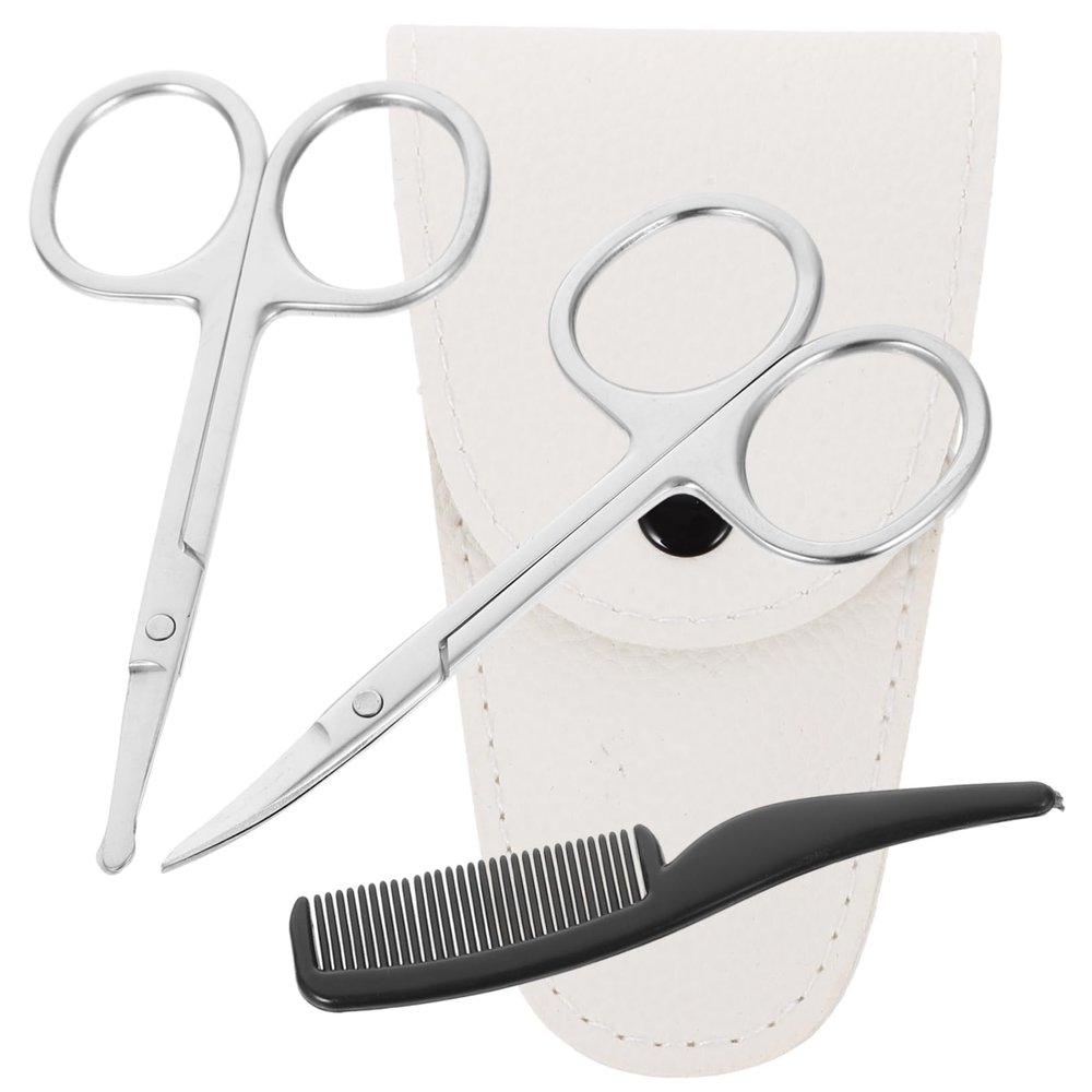 Gogogmee 4pcs Beard and Mustache Grooming Kit Stainless Scissors Set with Nose Hair Trimmer and White Leather Comb for Home and Professional Use