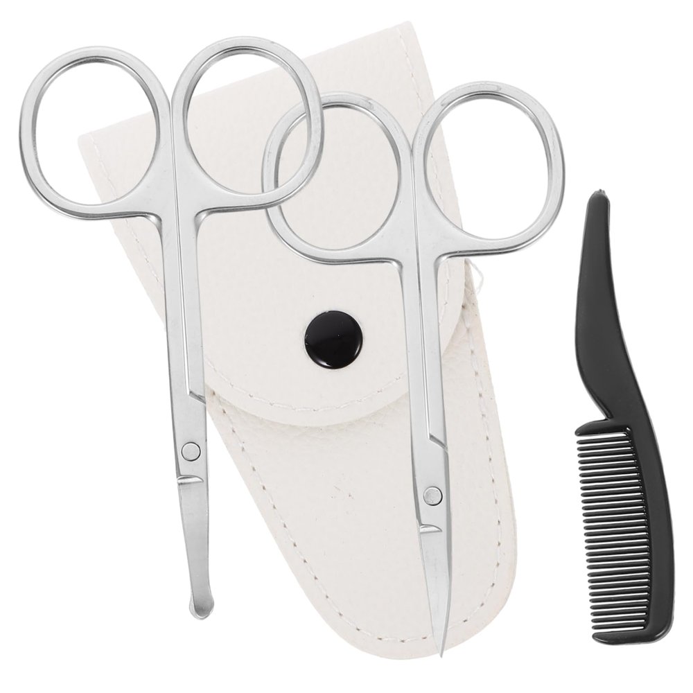 Healeved 8pcs Precision Beard Scissors Set Stainless Steel Nose Hair Trimmer Grooming Kit for Men Includes Pointed Round Scissors Small Comb and White Leather Case for Travel