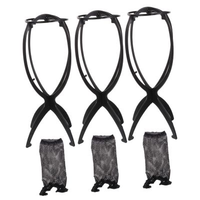 WOONEKY 3pcs Wig Stand Set Holder and Wig Nets Portable Display Rack for Easy Drying and Storage of Multiple for Travel and Home Use